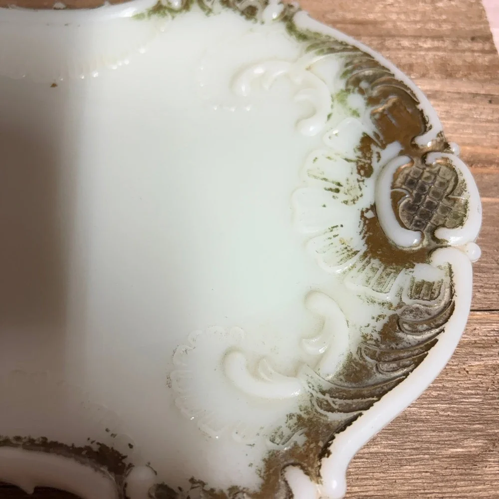 Antique Milk Glass Vanity Set Green Gold Painted Trinket Jar and Tray